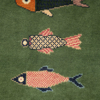 Whimsical Green Fish Hand-Knotted Wool Runner Rug