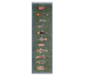 Whimsical Green Fish Hand-Knotted Wool Runner Rug