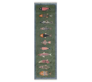 Whimsical Green Fish Hand-Knotted Wool Runner Rug