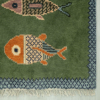 Whimsical Green Fish Hand-Knotted Wool Runner Rug