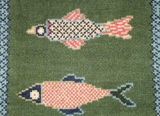 Whimsical Green Fish Hand-Knotted Wool Runner Rug