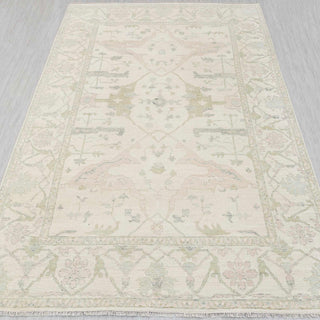 Muted Cream Green Pink Look Turkish Oushak Wool Rug