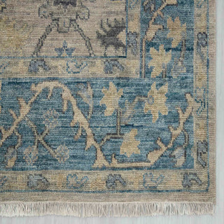 Beige & Denim Blue Oushak Floral Lattice Hand-Knotted Wool Area Rug