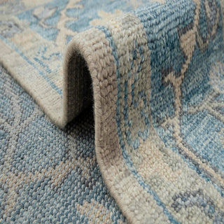 Beige & Denim Blue Oushak Floral Lattice Hand-Knotted Wool Area Rug