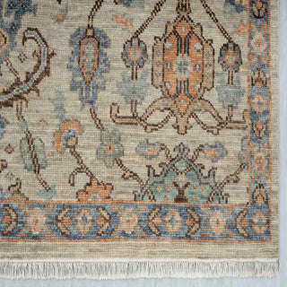 Weathered Beige & Slate Blue Oushak Floral Hand-Knotted Wool Area Rug