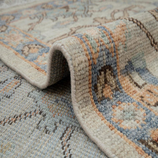 Weathered Beige & Slate Blue Oushak Floral Hand-Knotted Wool Area Rug