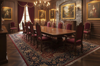 Decorative rug with intricate paisley pattern on a light wooden floor