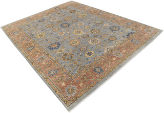 Slate Blue &amp; Terracotta Oushak Floral Lattice Hand-Knotted Wool Area Rug