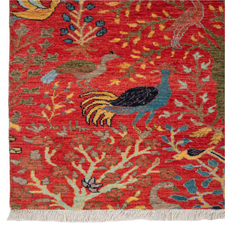 Red Birds & Garden Hand-Knotted Wool Rug