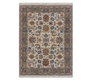 Ivory Heriz-Style Floral Hand-Knotted Wool Rug