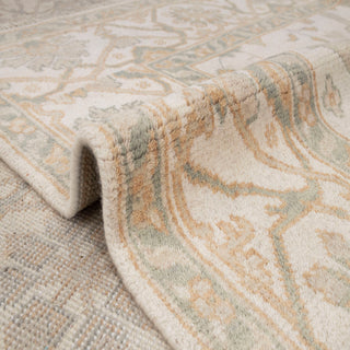 Soft Neutral & Sage Oushak Geometric Medallion Hand-Knotted Wool Area Rug