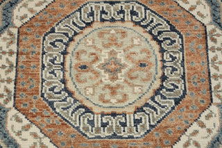 Terracotta & Slate Blue Geometric Medallion Hand-Knotted Wool Area Rug