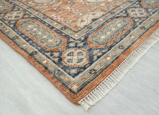 Terracotta & Slate Blue Geometric Medallion Hand-Knotted Wool Area Rug