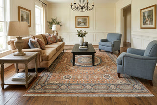 Terracotta & Slate Blue Geometric Medallion Hand-Knotted Wool Area Rug