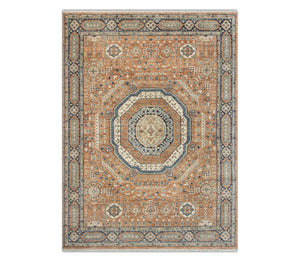 Terracotta & Slate Blue Geometric Medallion Hand-Knotted Wool Area Rug