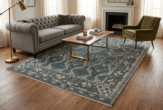 Slate 9x12 Blue Tribal Geometric Hand Knotted Wool Rug