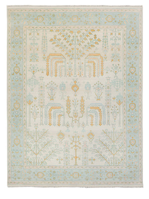 Harris Ivory & Aqua Tree-of-Life Hand-Knotted Wool Rug