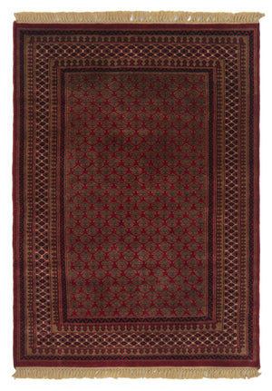 Deep Crimson & Bronze Turkmen Geometric Hand-Knotted Wool Area Rug