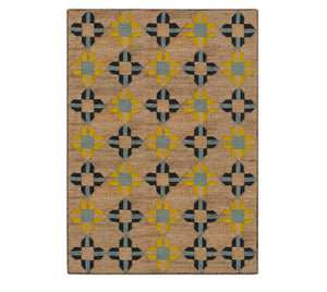 Handwoven Geometric Motif Natural Fiber Area Rug – Blue & Yellow Embroidered Mat