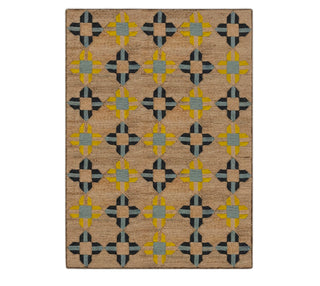 Handwoven Geometric Motif Natural Fiber Area Rug – Blue & Yellow Embroidered Mat