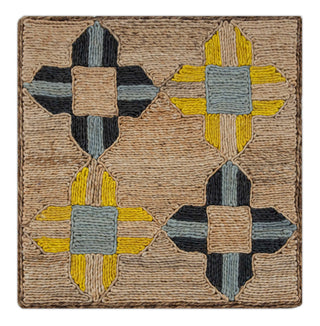 Handwoven Geometric Motif Natural Fiber Area Rug – Blue & Yellow Embroidered Mat