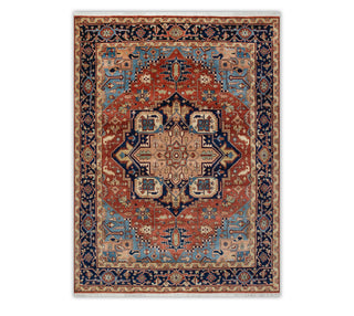 Terracotta Rust & Midnight Navy Heriz Medallion Hand-Knotted Wool Area Rug
