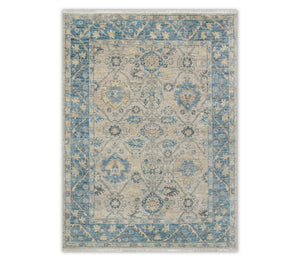 Beige & Denim Blue Oushak Floral Lattice Hand-Knotted Wool Area Rug