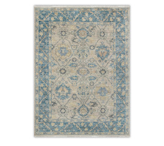 Beige & Denim Blue Oushak Floral Lattice Hand-Knotted Wool Area Rug