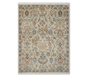 Weathered Beige & Slate Blue Oushak Floral Hand-Knotted Wool Area Rug