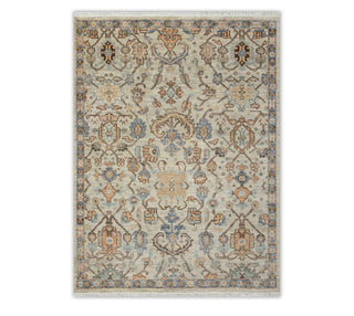 Weathered Beige & Slate Blue Oushak Floral Hand-Knotted Wool Area Rug
