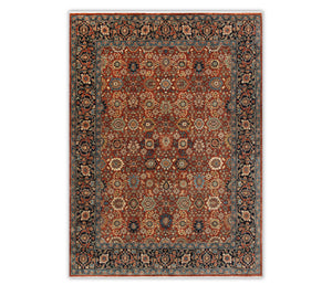 Crimson Rust & Midnight Navy Persian Floral Kashan Hand-Knotted Wool Area Rug