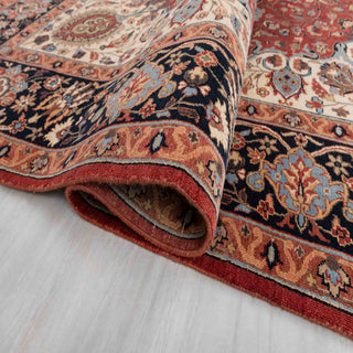 Crimson Red & Navy Persian Kashan Medallion Hand-Knotted Wool Area Rug