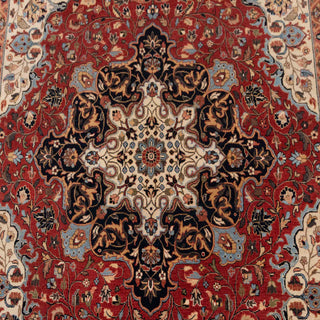 Crimson Red & Navy Persian Kashan Medallion Hand-Knotted Wool Area Rug
