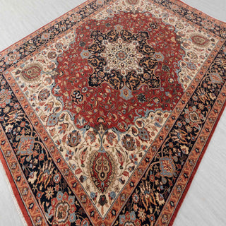 Crimson Red & Navy Persian Kashan Medallion Hand-Knotted Wool Area Rug