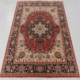 Crimson Red & Navy Persian Kashan Medallion Hand-Knotted Wool Area Rug