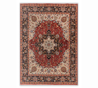Crimson Red & Navy Persian Kashan Medallion Hand-Knotted Wool Area Rug