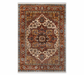Terracotta Rust & Ivory Heriz Medallion Hand-Knotted Wool Area Rug