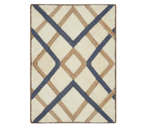 Modern Geometric Multi-Tone Diamond Abaca Rug – Coastal Blue & Camel Tan Floor Mat