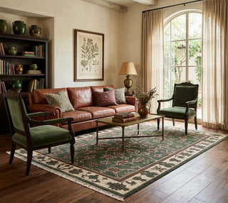 Verdure 5x8 Dark Green Ivory Persian-Inspired Hand-Knotted Wool Rug