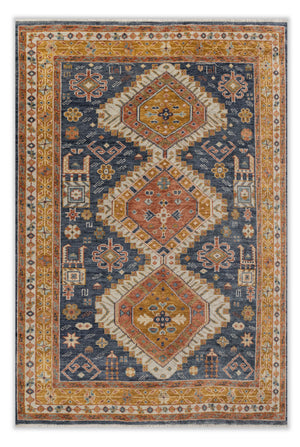 Sharlan Blue Gold Persian Hand Knotted  Wool Rug