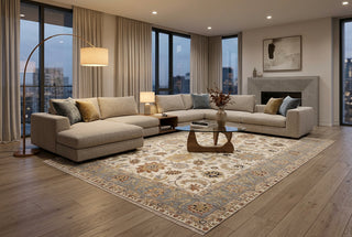 Persian Sultanabad Style Ivory & Slate Blue Hand-Knotted Wool Area Rug