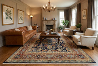Midnight Navy & Terracotta Persian Floral Palmette Hand-Knotted Wool Area Rug