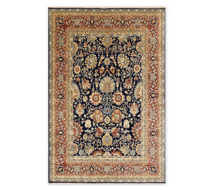 Midnight Navy & Terracotta Persian Floral Palmette Hand-Knotted Wool Area Rug
