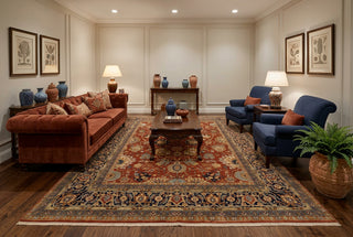Rust Red & Midnight Navy Persian Floral Sultanabad Hand-Knotted Wool Area Rug