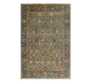 Slate Blue & Ochre Gold Persian Lattice Sultanabad Hand-Knotted Wool Area Rug