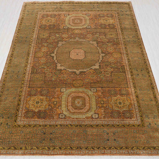 Muted Olive & Terracotta Geometric Medallion Hand-Knotted Wool Area Rug