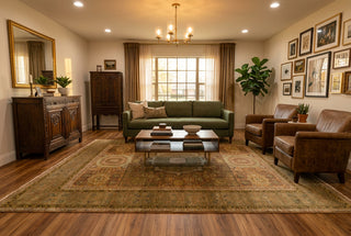 Muted Olive & Terracotta Geometric Medallion Hand-Knotted Wool Area Rug