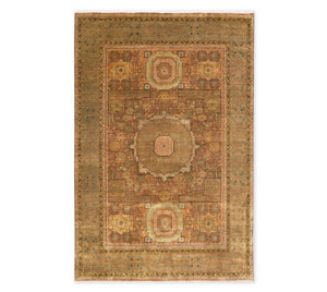 Muted Olive & Terracotta Geometric Medallion Hand-Knotted Wool Area Rug