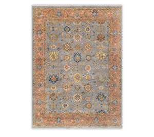 Slate Blue &amp; Terracotta Oushak Floral Lattice Hand-Knotted Wool Area Rug