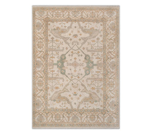 Soft Neutral & Sage Oushak Geometric Medallion Hand-Knotted Wool Area Rug